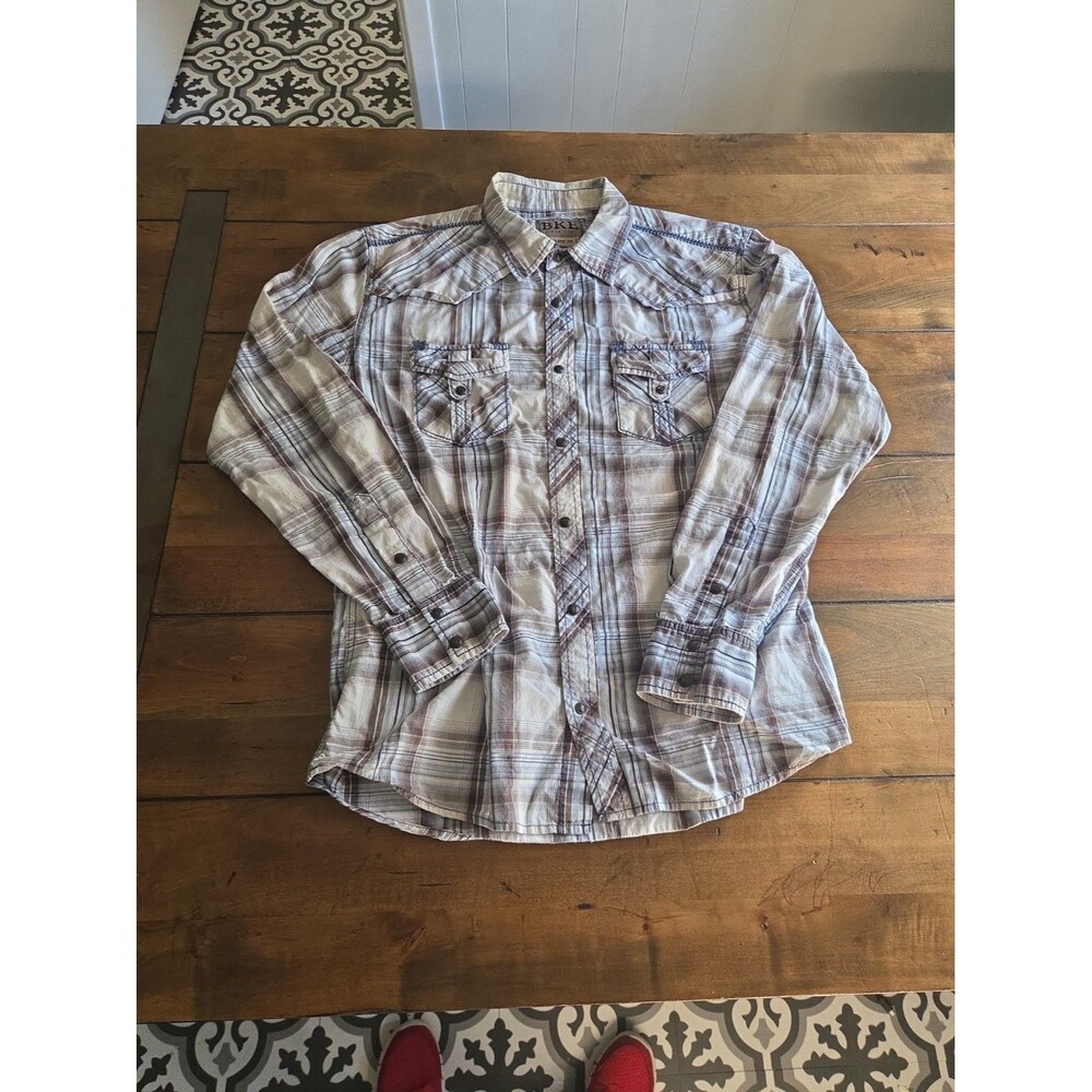 BKE Plaid Western Shirt Athletic Fit Snap Button Long Sleeve LLarge Blue Brown